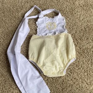 The Beaufort bonnet company Sally sunsuit in yellow seersucker, SBK monogram